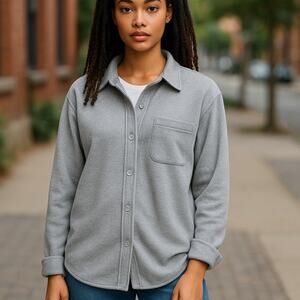 NWOT ~ CISONO Outerwear Gray Fleece Pockets Button Up Jacket Top ~ Women's XL